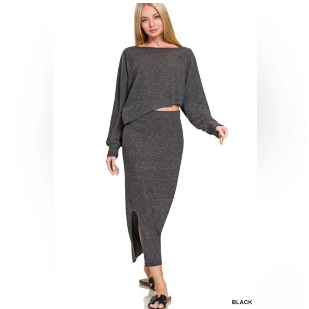 ZENANA RIBBED ASYMMETRIC HEM 2 Piece set TOP & SKIRT Large NWOT